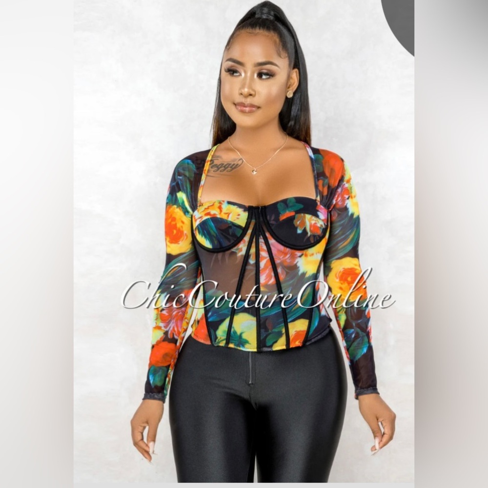 Large Black Floral Print Padded Cups Mesh Corset